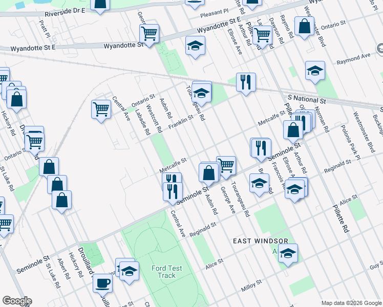 map of restaurants, bars, coffee shops, grocery stores, and more near 1394 Aubin Road in Windsor