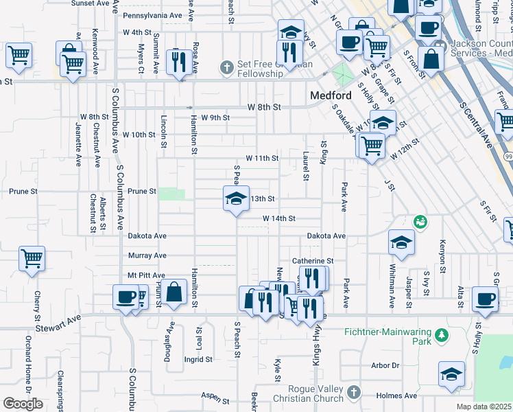 map of restaurants, bars, coffee shops, grocery stores, and more near 825 West 13th Street in Medford