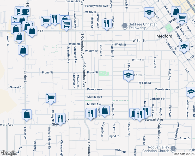 map of restaurants, bars, coffee shops, grocery stores, and more near 520 Plum Street in Medford