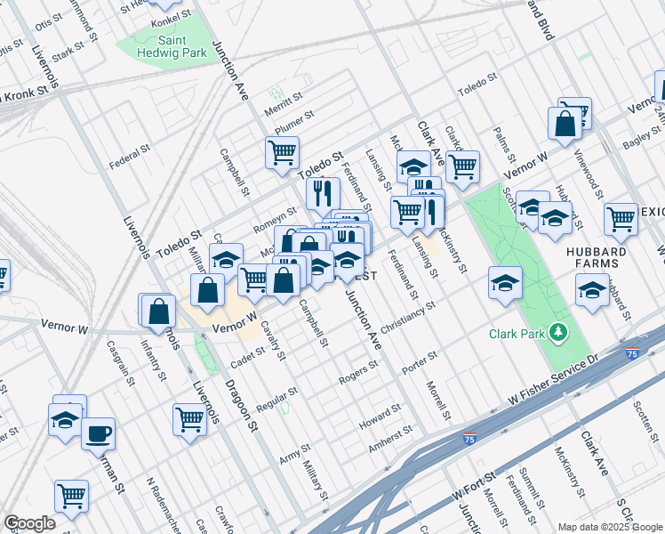 map of restaurants, bars, coffee shops, grocery stores, and more near 5602 Vernor Highway in Detroit