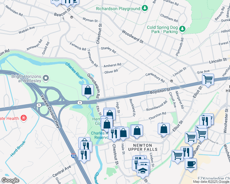 map of restaurants, bars, coffee shops, grocery stores, and more near 19 Richardson Road in Newton