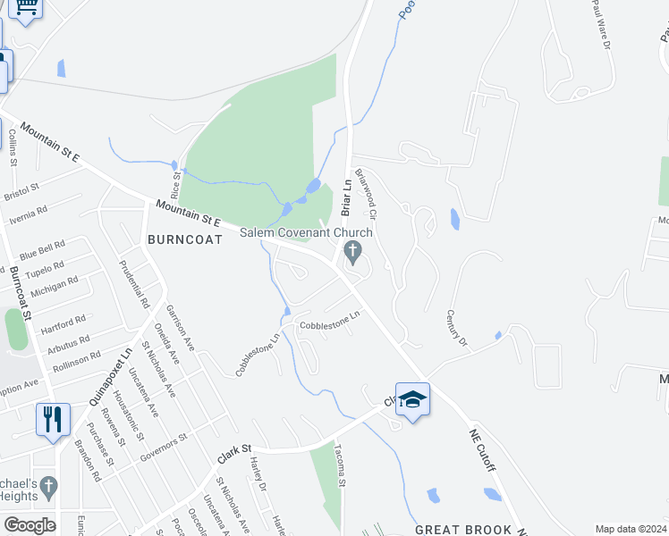 map of restaurants, bars, coffee shops, grocery stores, and more near 203 Mountain Street East in Worcester