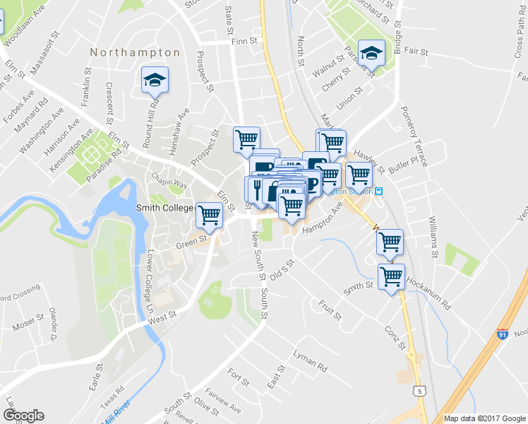 map of restaurants, bars, coffee shops, grocery stores, and more near 263 Main St in Northampton