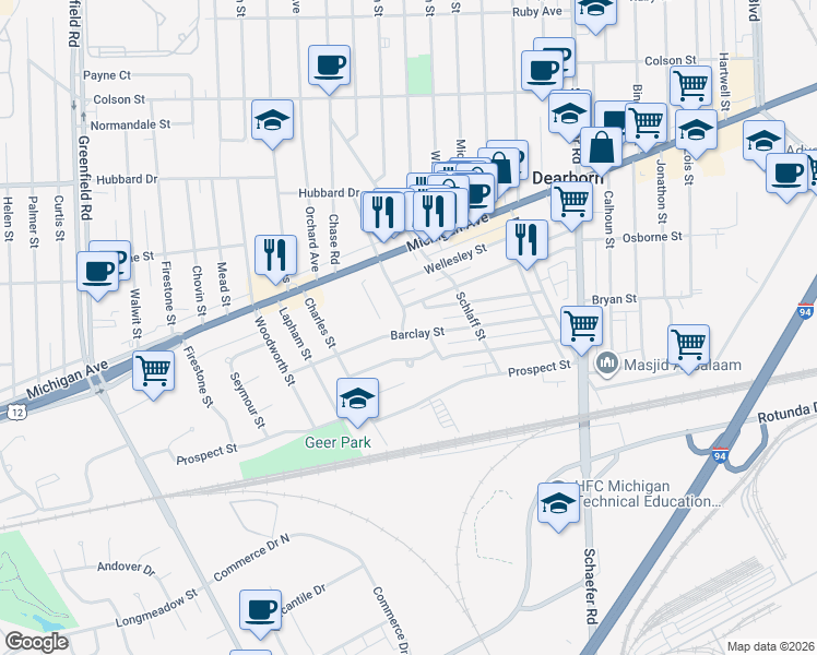 map of restaurants, bars, coffee shops, grocery stores, and more near 4200 Roemer Avenue in Dearborn
