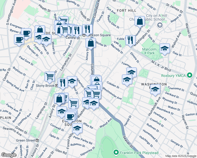 map of restaurants, bars, coffee shops, grocery stores, and more near 47 Notre Dame Street in Boston