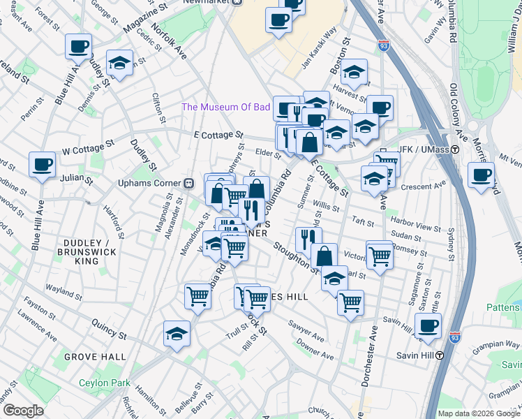 map of restaurants, bars, coffee shops, grocery stores, and more near 622 Columbia Road in Boston