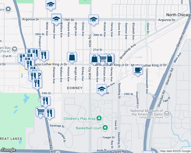 map of restaurants, bars, coffee shops, grocery stores, and more near 2240 Kemble Ave in North Chicago