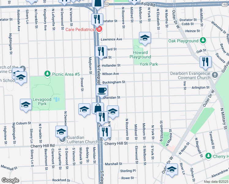 map of restaurants, bars, coffee shops, grocery stores, and more near 844 North Highland Street in Dearborn