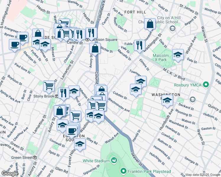 map of restaurants, bars, coffee shops, grocery stores, and more near 2975 Washington Street in Boston