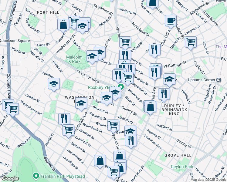 map of restaurants, bars, coffee shops, grocery stores, and more near 401 Warren Street in Boston