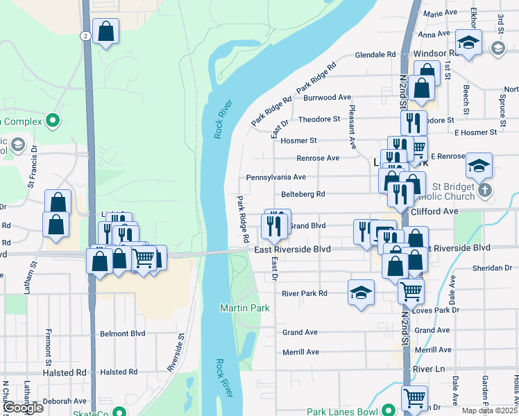 map of restaurants, bars, coffee shops, grocery stores, and more near 122 Clifford Avenue in Loves Park