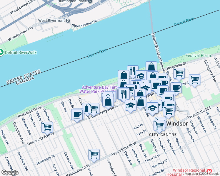 map of restaurants, bars, coffee shops, grocery stores, and more near 515 Riverside Drive West in Windsor