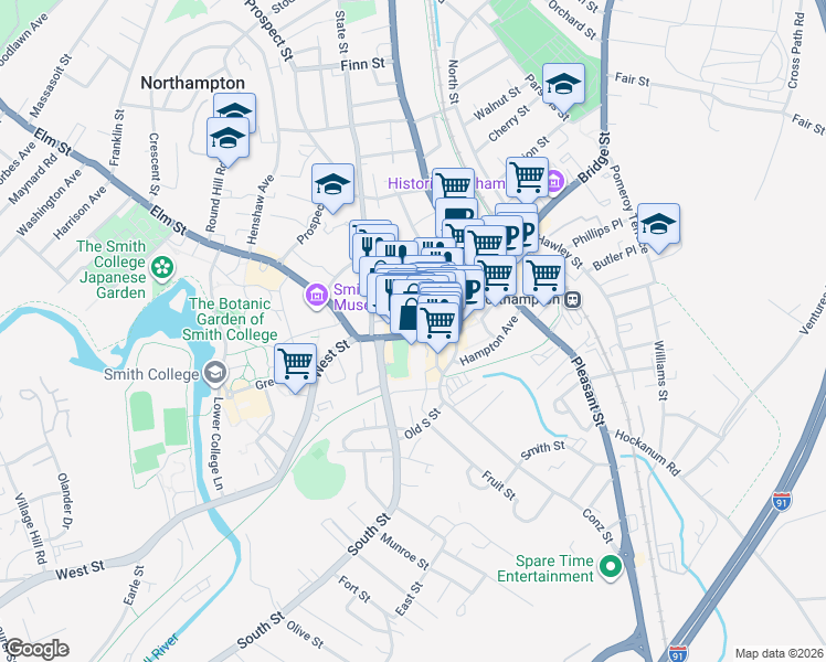 map of restaurants, bars, coffee shops, grocery stores, and more near 5765 Masonic Street in Northampton
