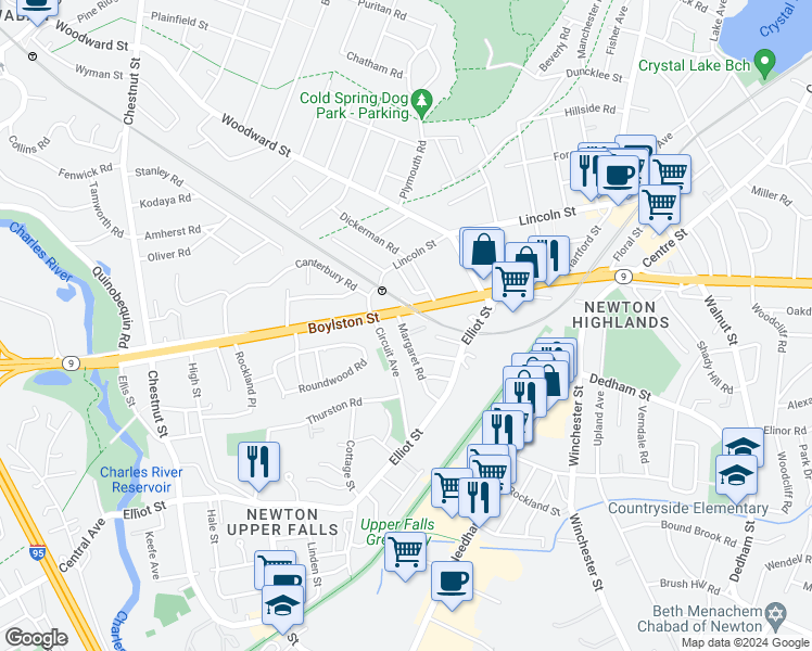 map of restaurants, bars, coffee shops, grocery stores, and more near 14 Margaret Road in Newton