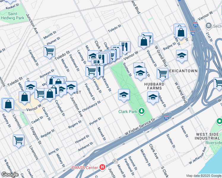 map of restaurants, bars, coffee shops, grocery stores, and more near 1540 Mc Kinstry Street in Detroit