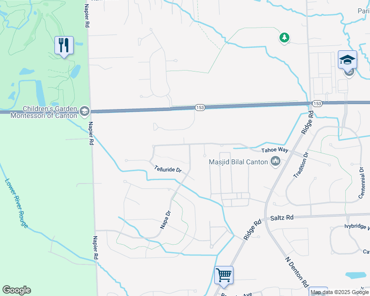 map of restaurants, bars, coffee shops, grocery stores, and more near 1915 Napa Drive in Canton