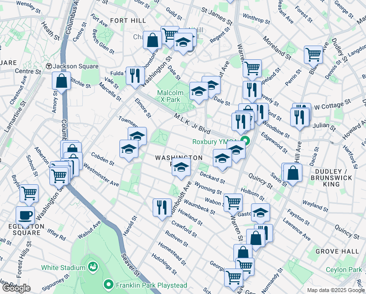 map of restaurants, bars, coffee shops, grocery stores, and more near 27 Crestwood Park in Boston