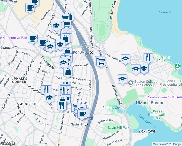 map of restaurants, bars, coffee shops, grocery stores, and more near 185 Sydney Street in Boston