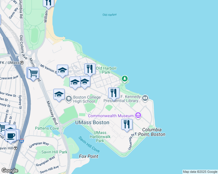 map of restaurants, bars, coffee shops, grocery stores, and more near 15 South Point Drive in Boston