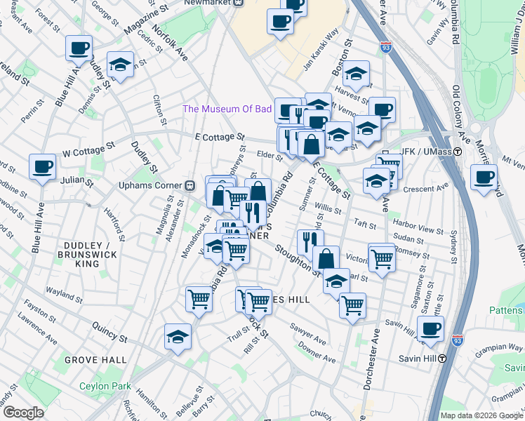 map of restaurants, bars, coffee shops, grocery stores, and more near 622 Columbia Road in Boston