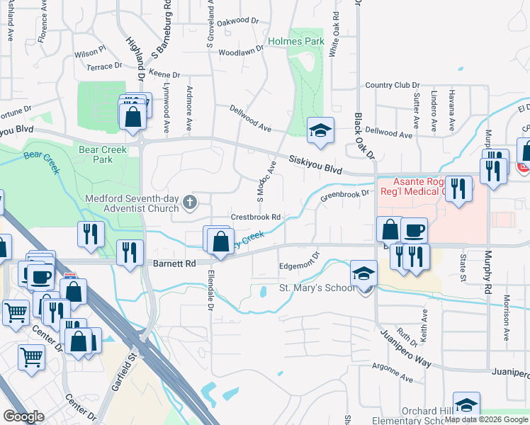 map of restaurants, bars, coffee shops, grocery stores, and more near 723 South Modoc Avenue in Medford