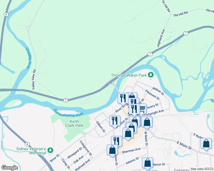 map of restaurants, bars, coffee shops, grocery stores, and more near 33 Riverside Drive in Sidney