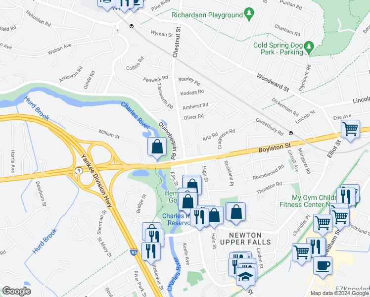 map of restaurants, bars, coffee shops, grocery stores, and more near 914 Chestnut Street in Newton
