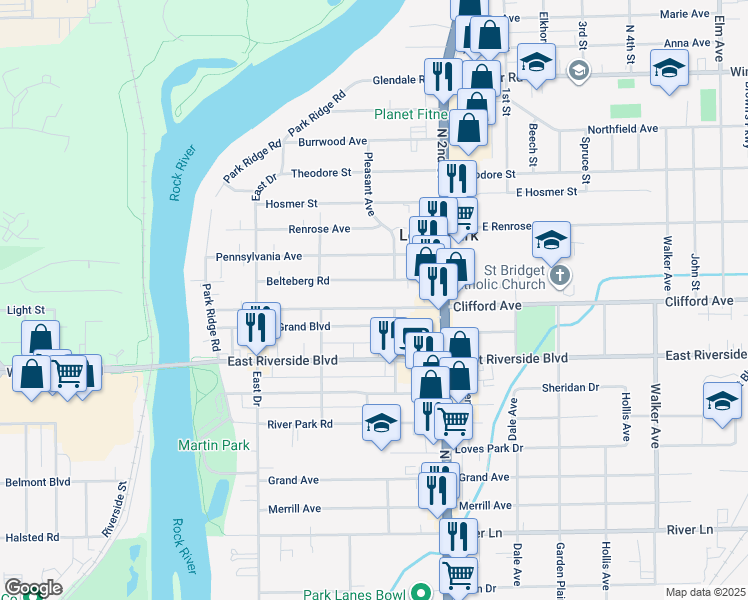 map of restaurants, bars, coffee shops, grocery stores, and more near 344 Clifford Avenue in Loves Park