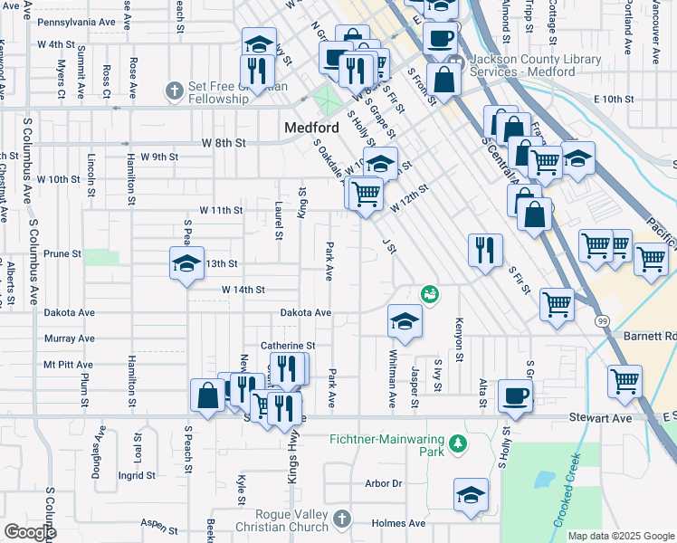 map of restaurants, bars, coffee shops, grocery stores, and more near 605 Park Avenue in Medford
