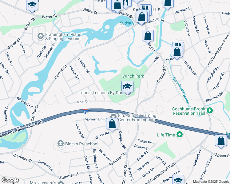 map of restaurants, bars, coffee shops, grocery stores, and more near 115 A Street in Framingham