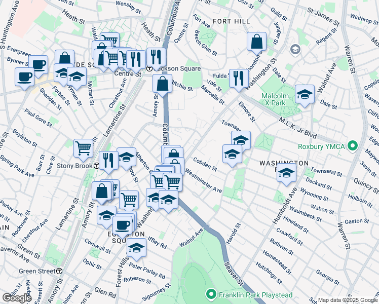 map of restaurants, bars, coffee shops, grocery stores, and more near 2975 Washington Street in Boston