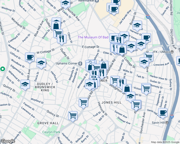 map of restaurants, bars, coffee shops, grocery stores, and more near 736 Dudley Street in Boston