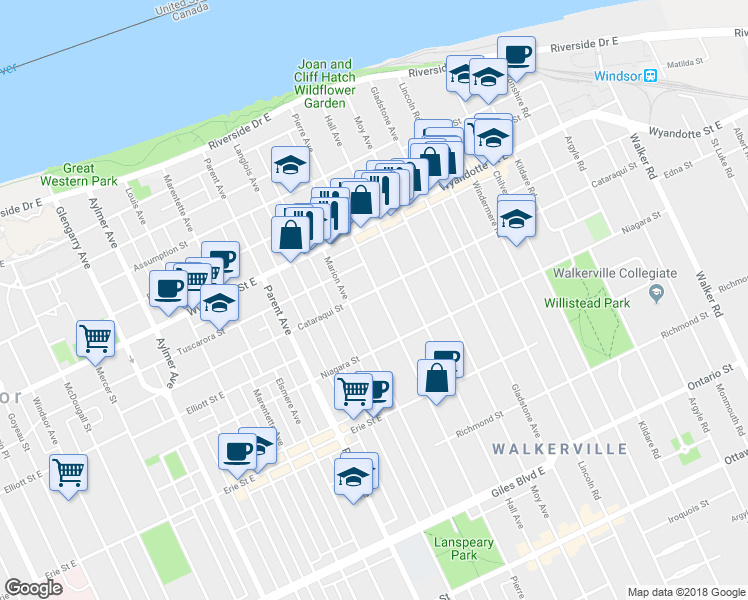 map of restaurants, bars, coffee shops, grocery stores, and more near 809 Pierre Avenue in Windsor