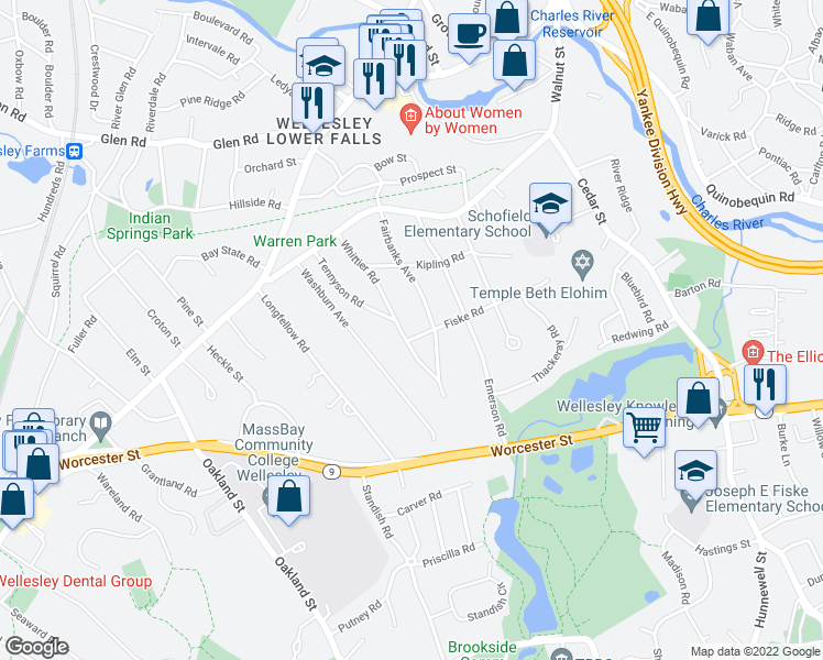 map of restaurants, bars, coffee shops, grocery stores, and more near 4 Fiske Road in Wellesley