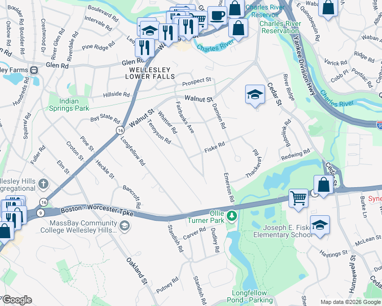 map of restaurants, bars, coffee shops, grocery stores, and more near 4 Fiske Road in Wellesley