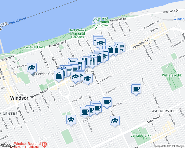 map of restaurants, bars, coffee shops, grocery stores, and more near 675 Parent Avenue in Windsor