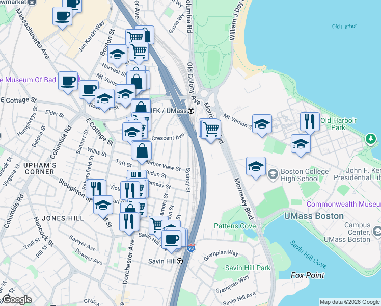map of restaurants, bars, coffee shops, grocery stores, and more near 185 Sydney Street in Boston