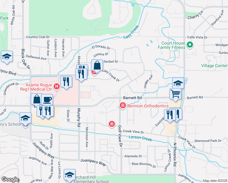 map of restaurants, bars, coffee shops, grocery stores, and more near 3033 East Barnett Road in Medford