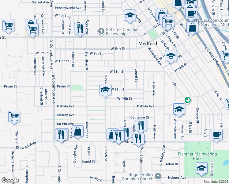 map of restaurants, bars, coffee shops, grocery stores, and more near 825 West 13th Street in Medford