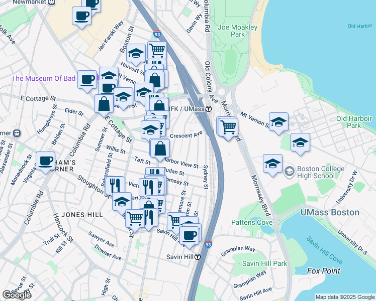 map of restaurants, bars, coffee shops, grocery stores, and more near 21 Spring Garden Street in Boston