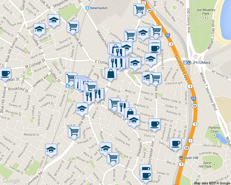 map of restaurants, bars, coffee shops, grocery stores, and more near 21 Annabel Street in Boston