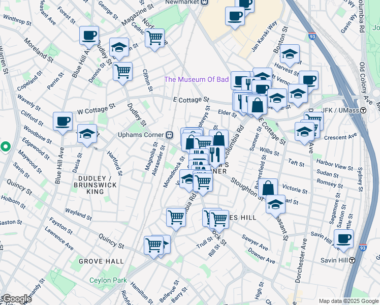 map of restaurants, bars, coffee shops, grocery stores, and more near 736 Dudley Street in Boston