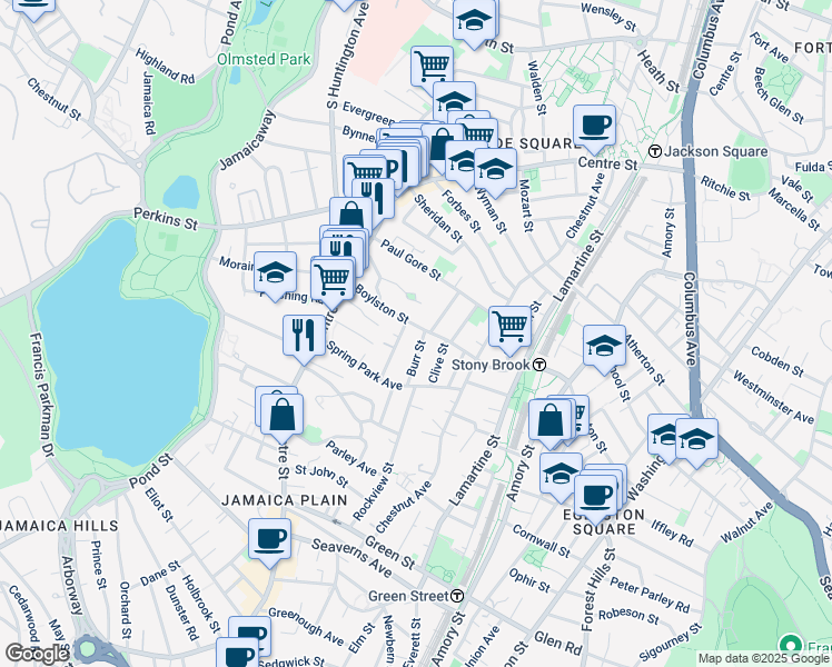 map of restaurants, bars, coffee shops, grocery stores, and more near 35 Boylston Street in Boston
