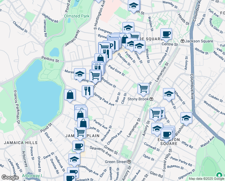 map of restaurants, bars, coffee shops, grocery stores, and more near 51 Roseway Street in Boston