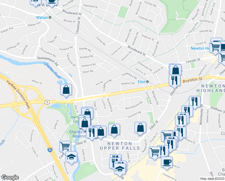 map of restaurants, bars, coffee shops, grocery stores, and more near 1195 Boylston Street in Newton