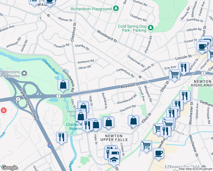 map of restaurants, bars, coffee shops, grocery stores, and more near 1195 Boylston Street in Newton