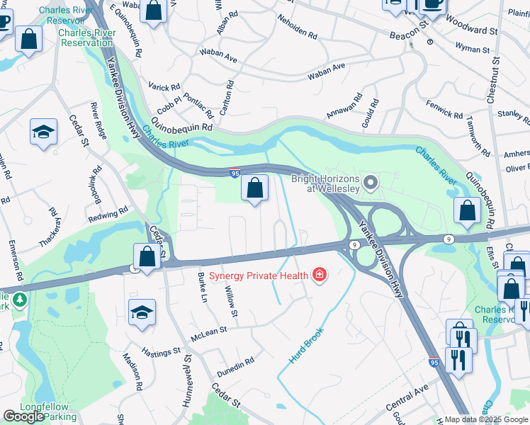 map of restaurants, bars, coffee shops, grocery stores, and more near 26 Harris Avenue in Wellesley