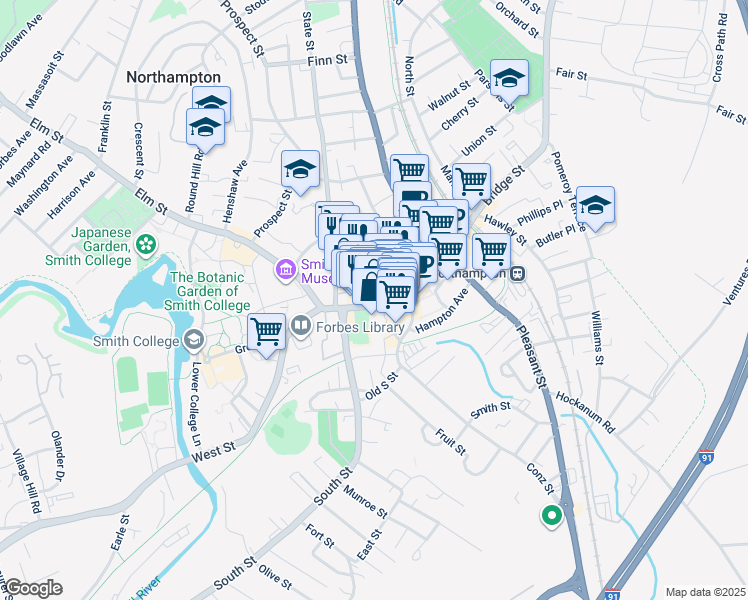 map of restaurants, bars, coffee shops, grocery stores, and more near 5765 Masonic Street in Northampton
