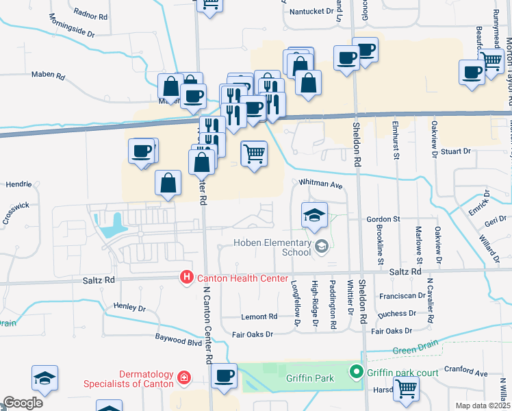 map of restaurants, bars, coffee shops, grocery stores, and more near 45165 Horseshoe Drive in Canton