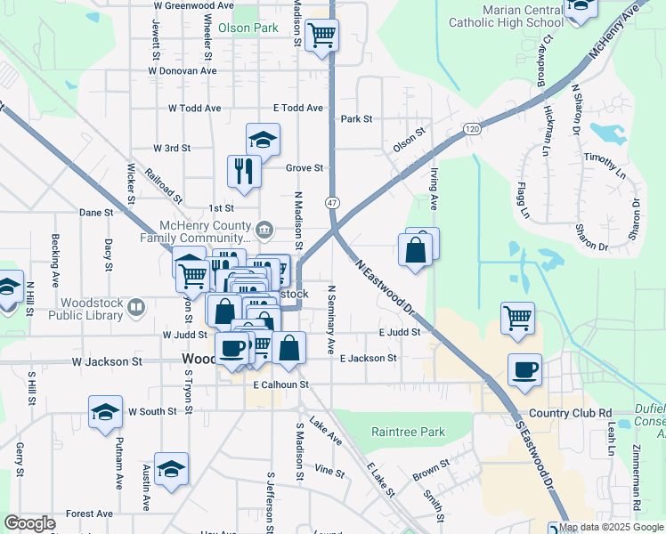 map of restaurants, bars, coffee shops, grocery stores, and more near 418 North Seminary Avenue in Woodstock